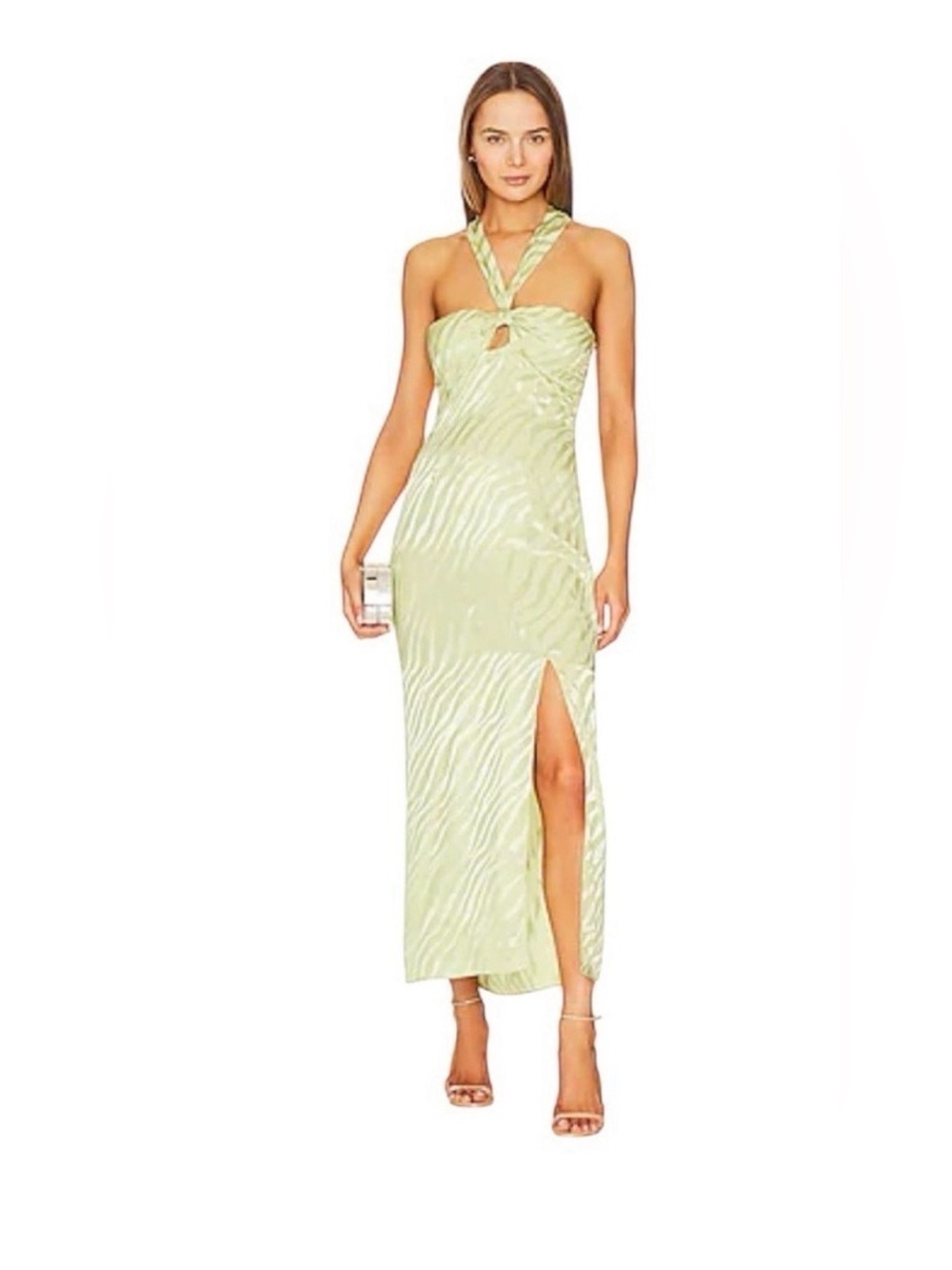 Saylor Green Zebra Halter Maxi Dress Size M Cutout Side Slit